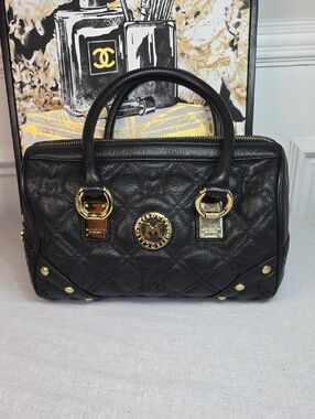 MetroCity Black Quilted Leather Satchel with Gold Accents